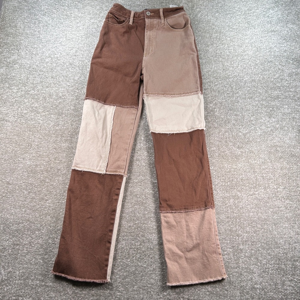 Hollister Ultra High-Rise Dad Jean Brown Patchwork Colorblock Womens 25 x 33